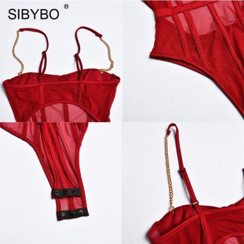 Sibybo Metal Chain Strap Mesh Sexy Bodysuit Women Sleeveless Transparent Skinny Summer Romper Women Black Beach Ladies Bodysuits Red